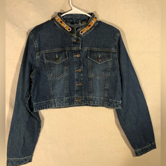retro sport Jackets & Blazers - Jean Jacket Crop Top Gem Collar